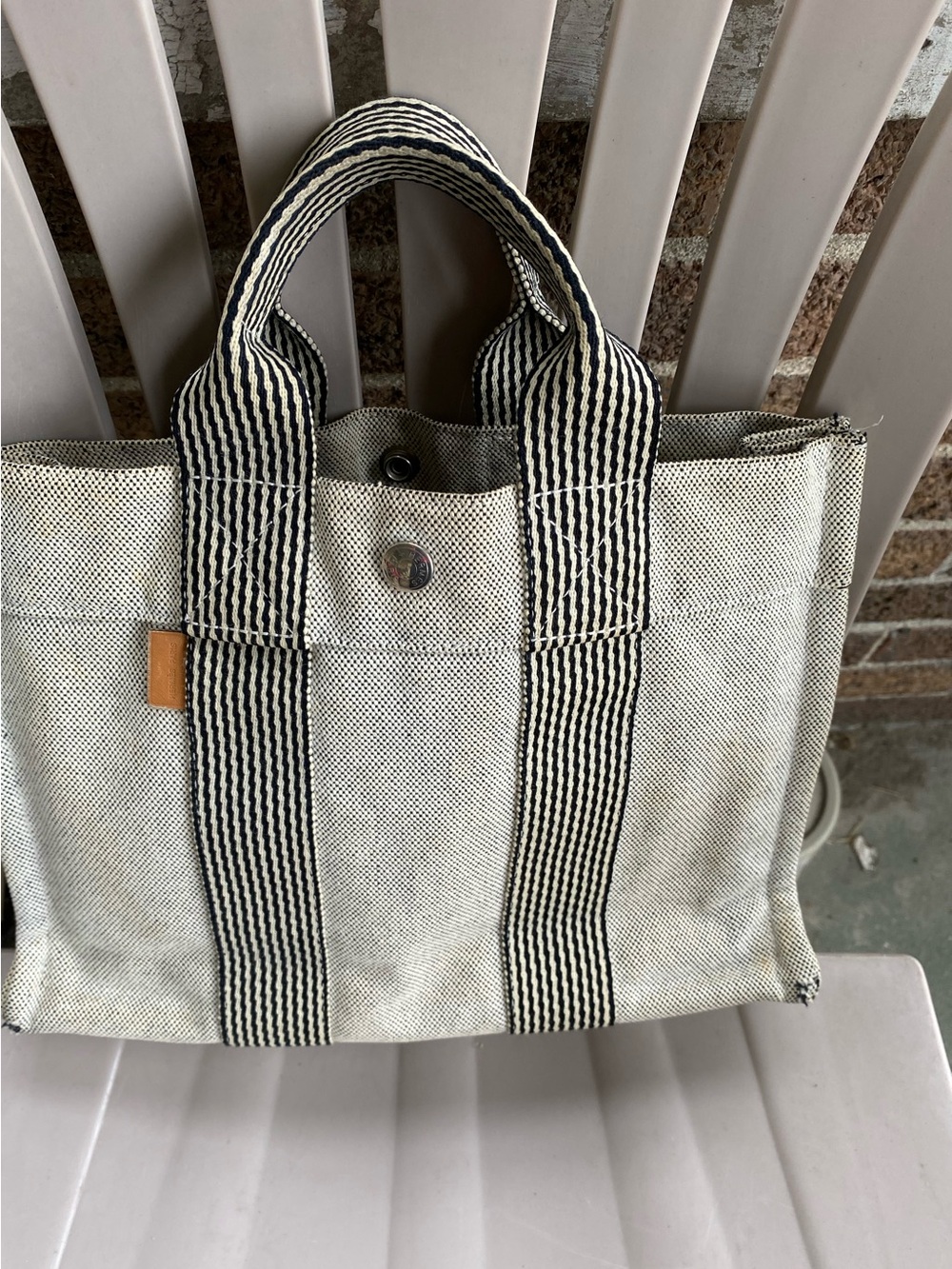 HERMES FOURTT TOTE Canvas Tote Bag with Striped Handles - White & Black